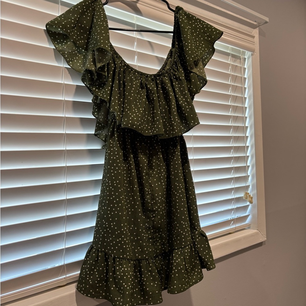Olive Green Off Shoulder Polka Dot Ruffle Dress